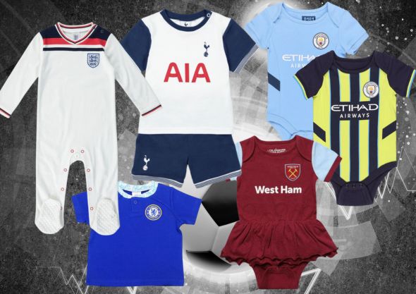 A photo showing a selection of our official baby football range including Man City, West Ham, Chelsea, Spurs and England baby clothes