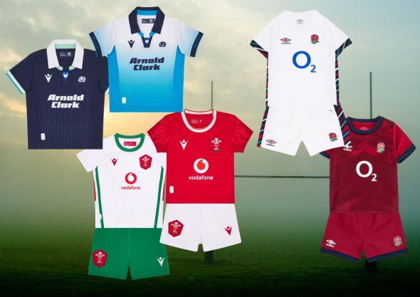 A photo showing a selection of our official baby rugby range including England, Wales and Scotland Rugby baby clothes