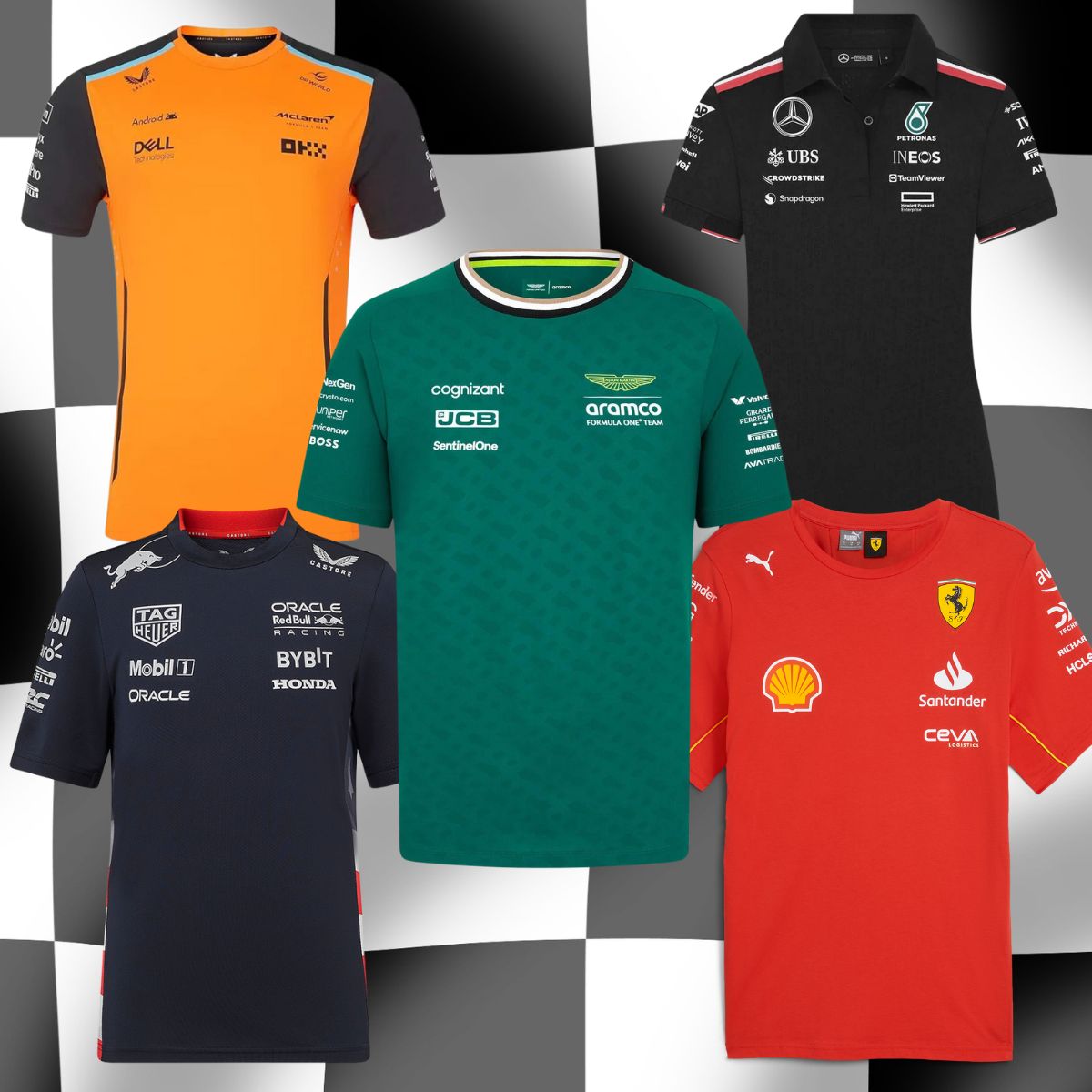 A gallery image with a link to the official F! department showing the Mclaren Team Shirt, Red Bull Shirt, Aston Martin Shirt, Ferrari T-Shirt and Mercedes Team Polo