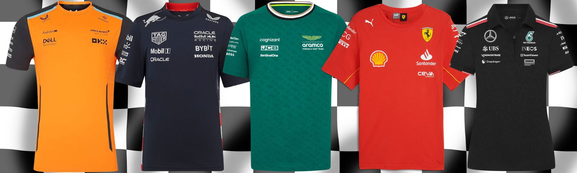 A gallery image with a link to the official F! department showing the Mclaren Team Shirt, Red Bull Shirt, Aston Martin Shirt, Ferrari T-Shirt and Mercedes Team Polo