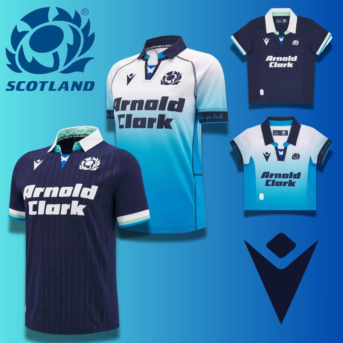 An image showing the Scottish Rugby official Home Shirt and the official Scotland Rugby Alternate Shirt for 2024/25.  The Macron logo and Scottish Rugby logo are also present