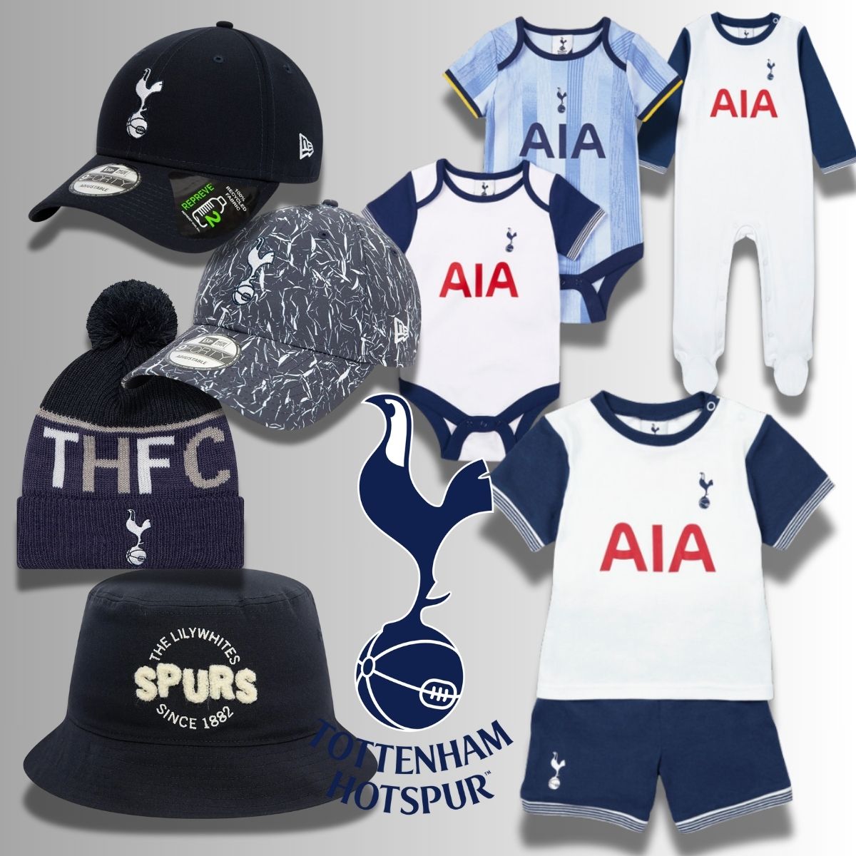 A photo showing a range of official Tottenham Hotspur products inclduing a Spurs bucket hat, baseball caps and beanie hat.  Also showing official Spurs baby clothes