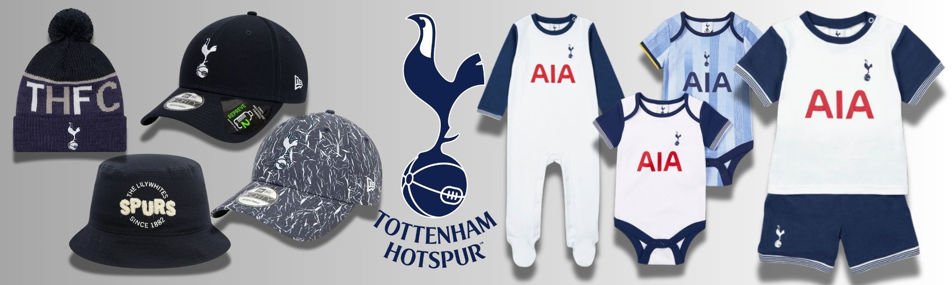 A photo showing a range of official Tottenham Hotspur products inclduing a Spurs bucket hat, baseball caps and beanie hat.  Also showing official Spurs baby clothes