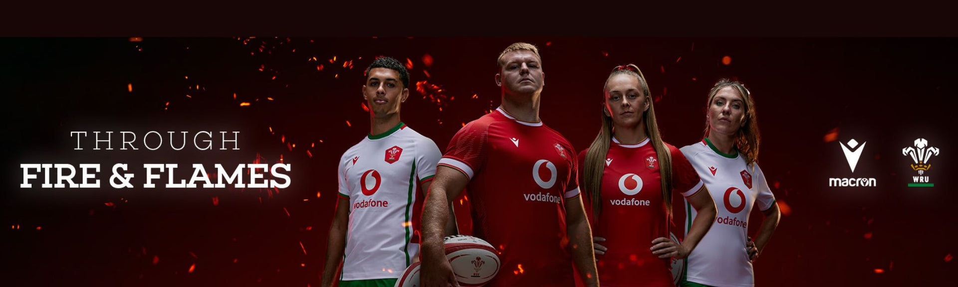 An image showing Welsh Rugby men and women players wearing the official Wales Home Shirt and the official Wales Alternate Shirt for 2024/25.  The Macron logo, WRU logo and the words Through Fire and Flames are also present